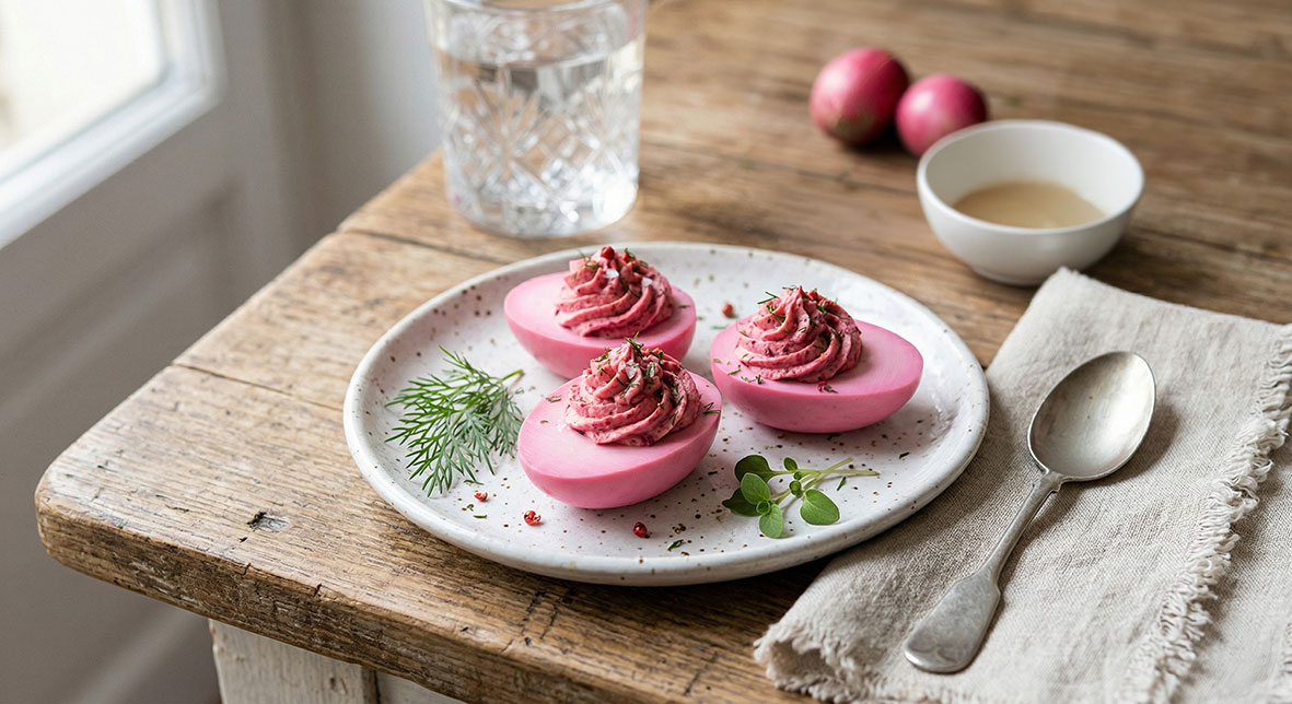 Œufs mimosa tout roses à la betterave