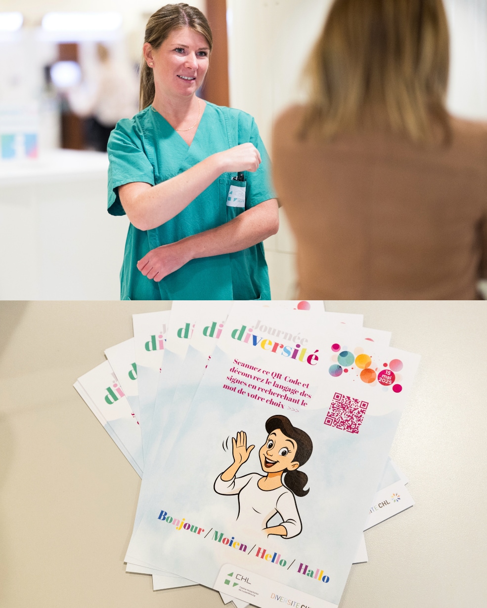 Photo d'une infirmière qui fait une démonstration du langage des signes