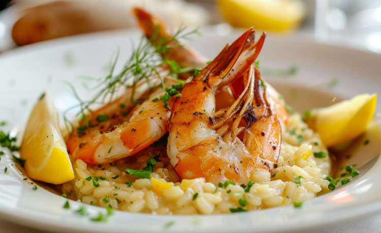 Photo d'un dôme de riz avec langoustines et sauce champagne